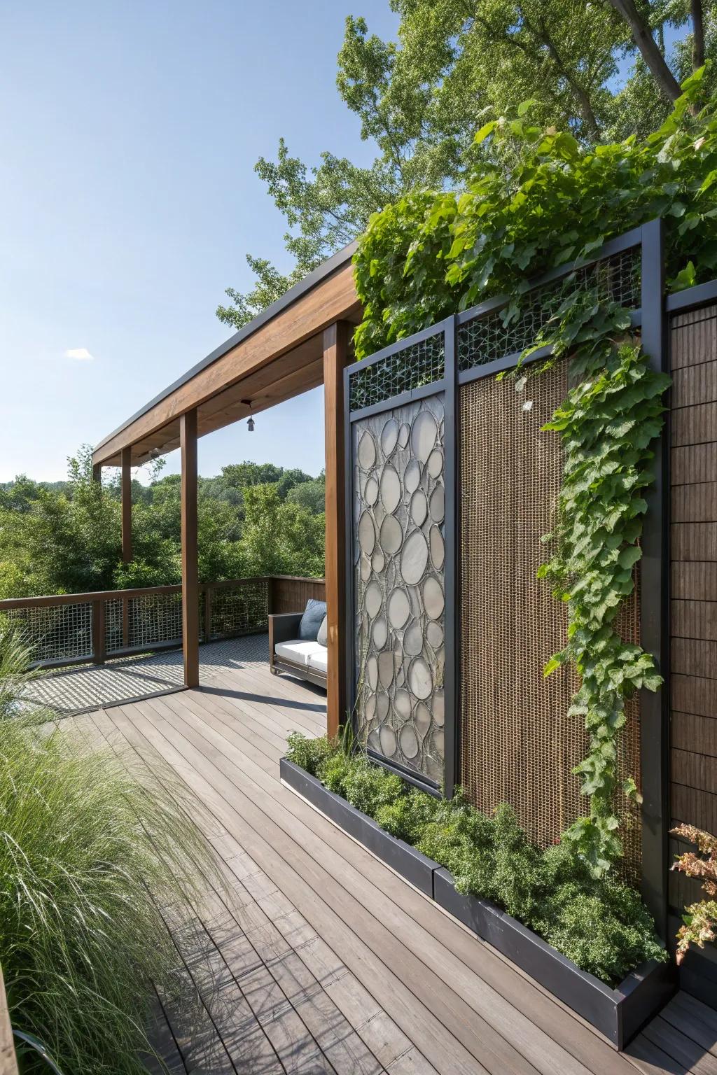 A seclusion screen with blended components infuses dimension and intrigue to a deck.