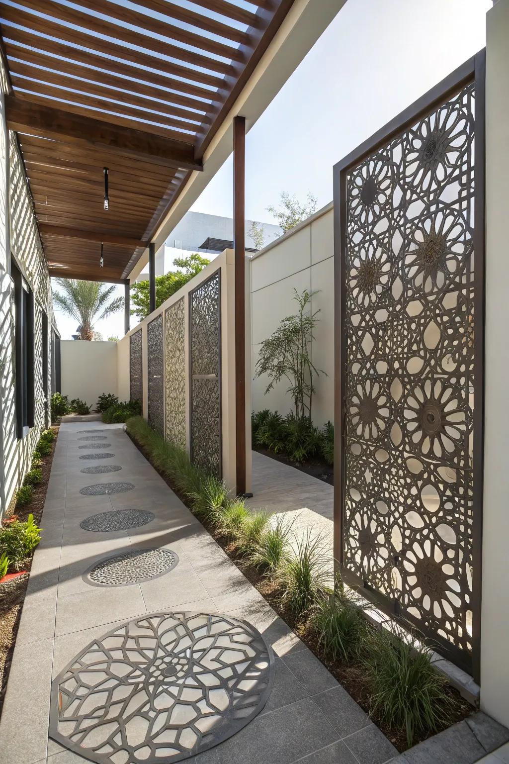 Iron screens with patterned engravings provide privacy with a modern spin.