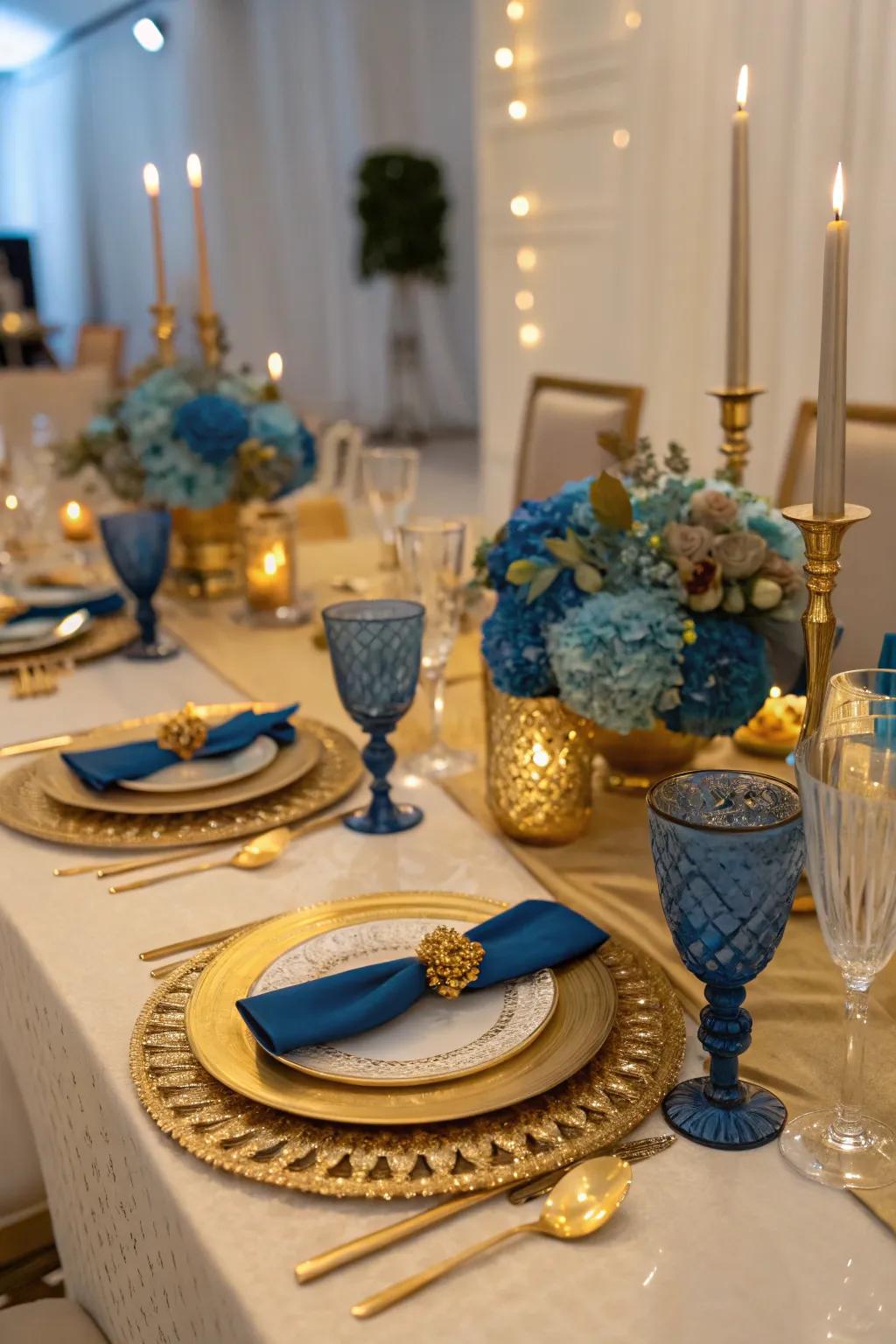 Gilded and azure generate a regal and sophisticated prom panorama.