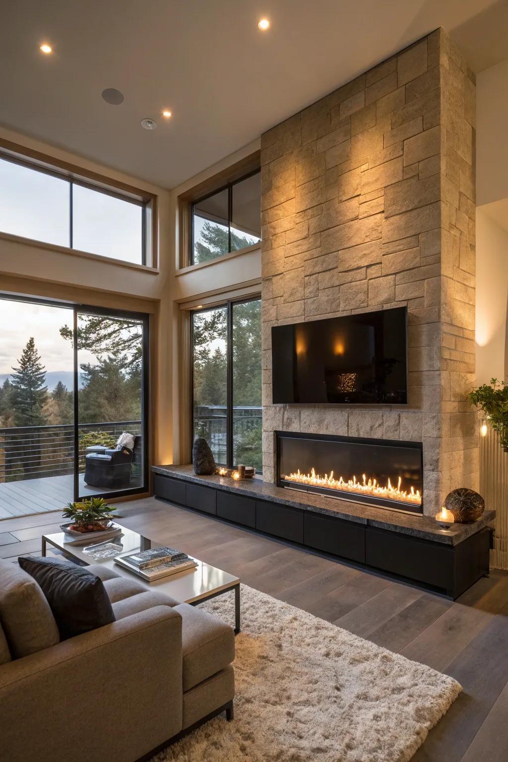 A modern living room with a propane fireplace featuring concealed burners.