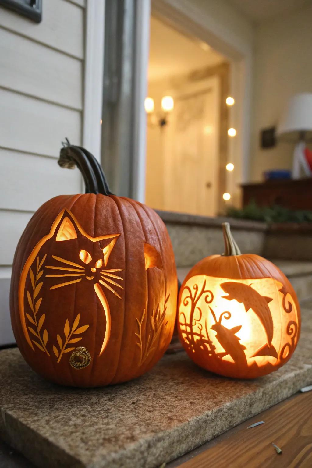 An amusing feline and aquarium pumpkin duo for a singular Halloween arrangement.
