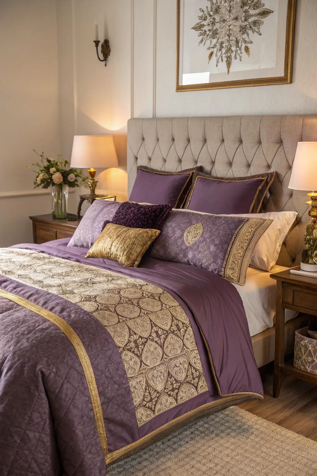 Layered bedding in purple and gold offers a sumptuous and versatile look.