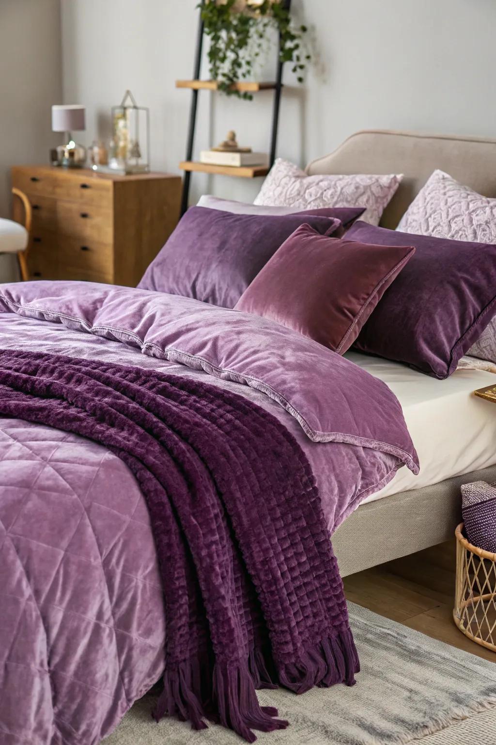 Coated textures in purple construct a snug ambiance.