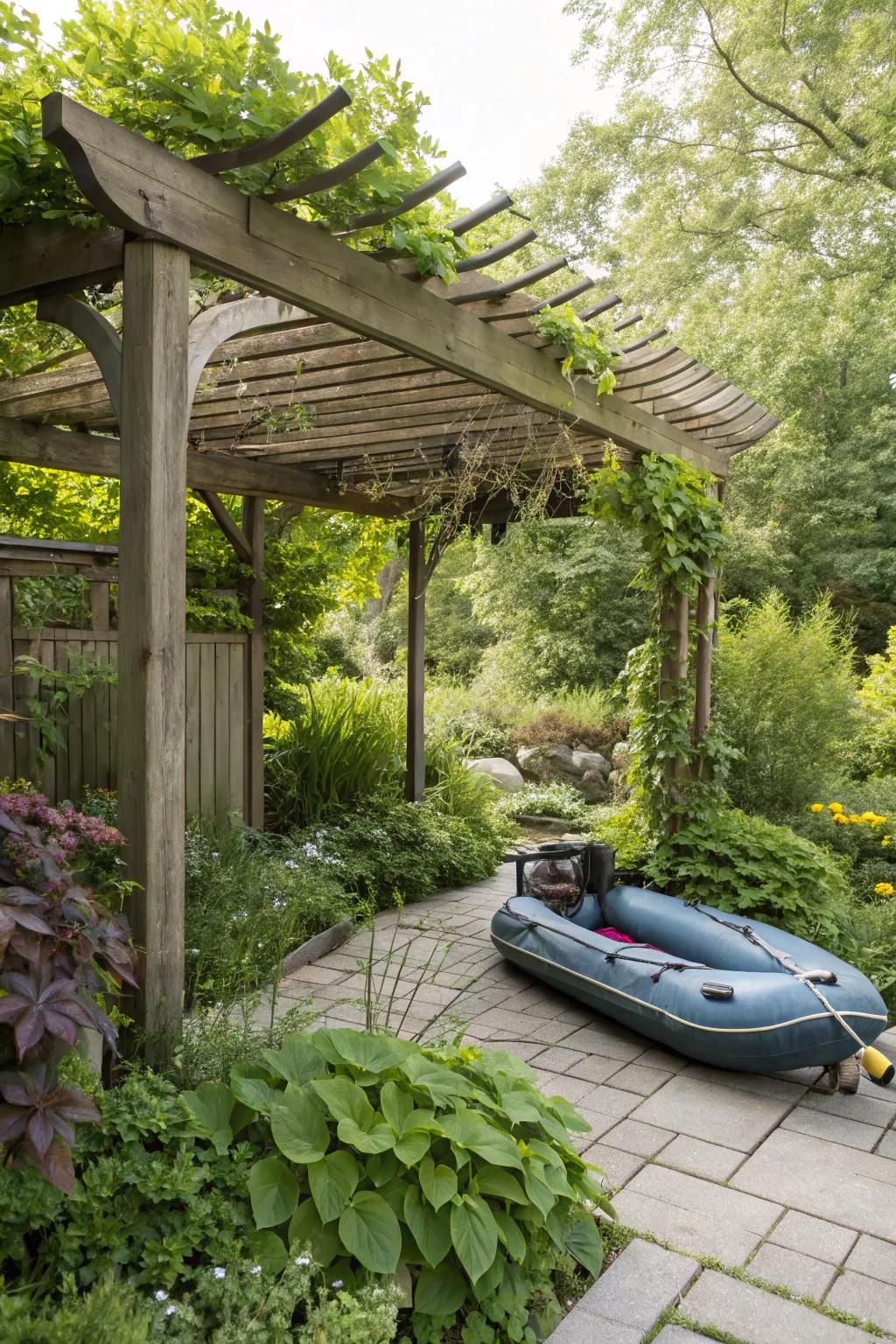 A trellis offers a picturesque setting for raft stowing.
