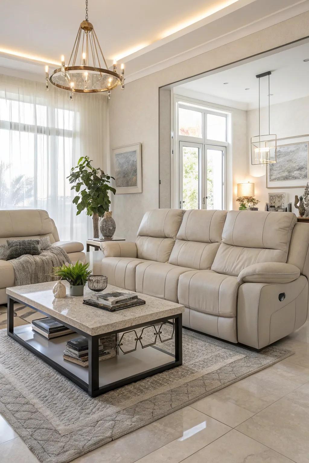 A streamlined dwelling space showcasing a reclining sofa and a contemporary centerpiece.