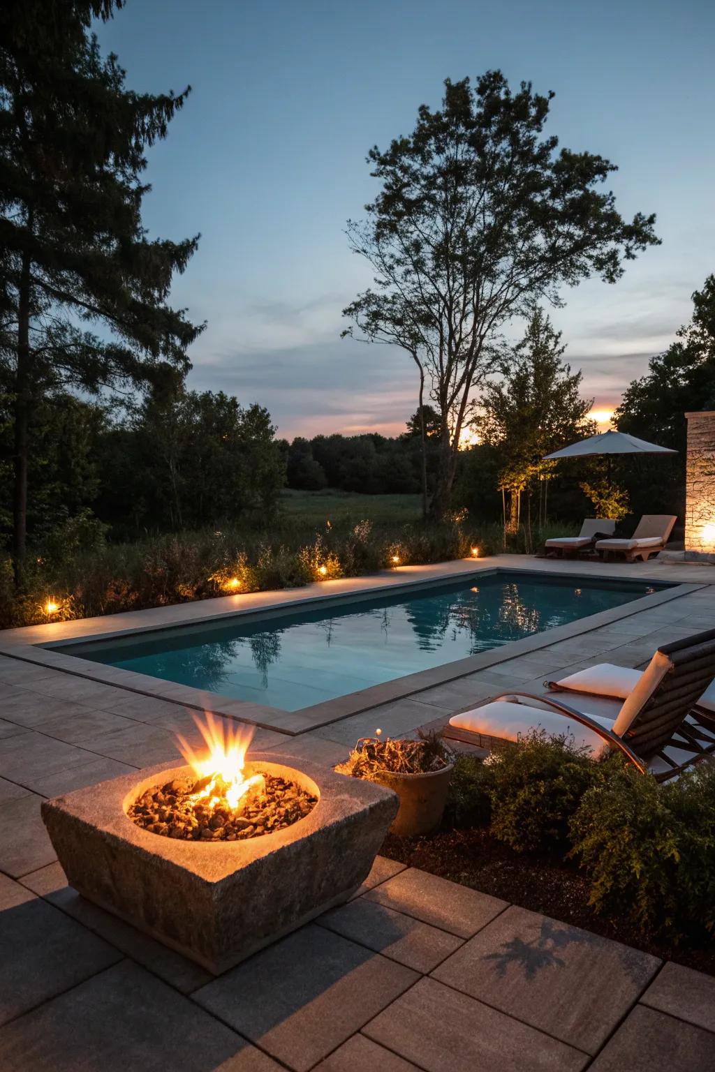A fire pit furnishes warmth and ambiance by the pool.