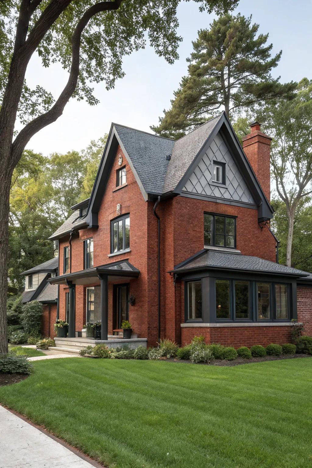 Charcoal gray trim provides a sleek and contemporary edge to red brick houses.