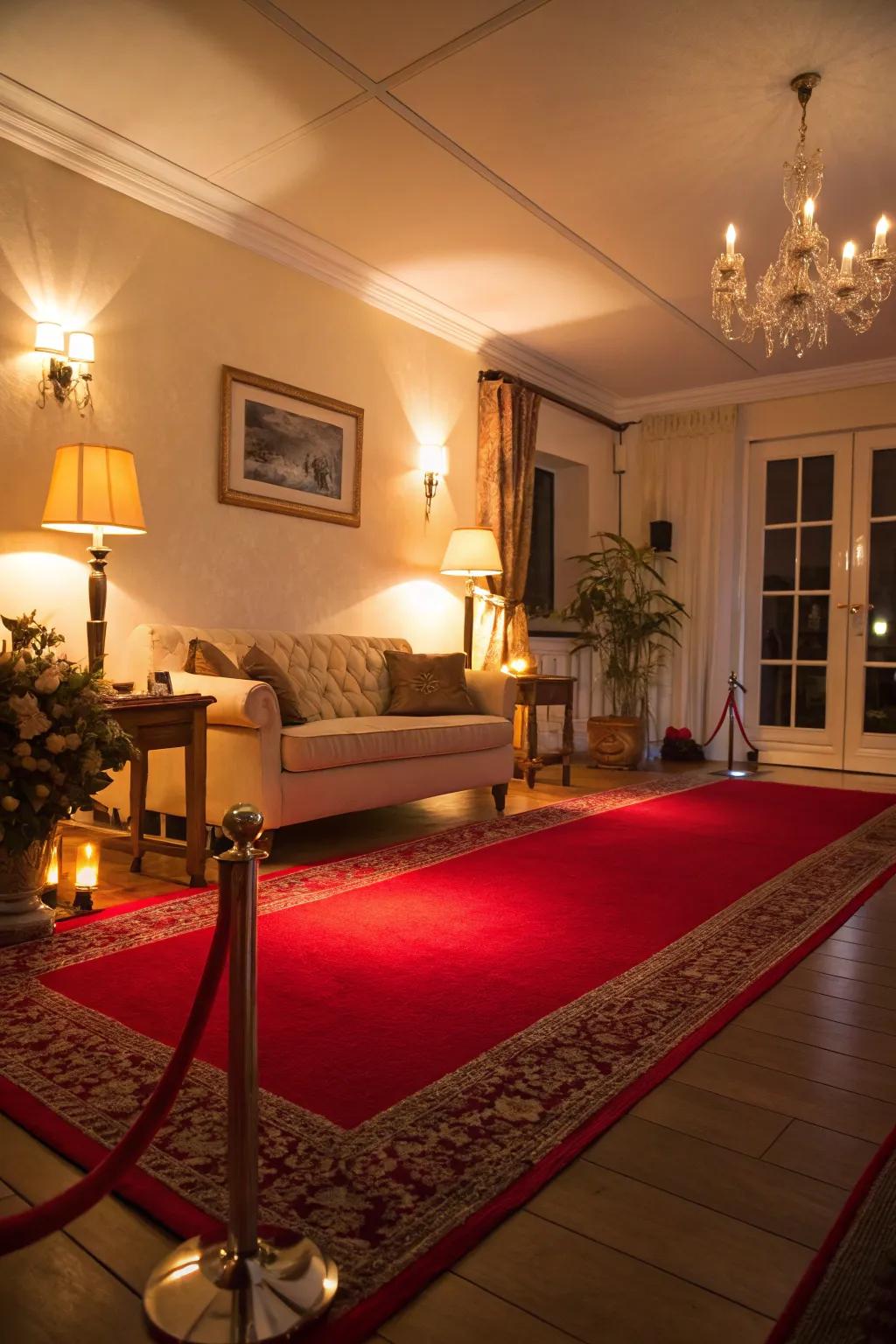 Warm lighting enhances the richness of this red-carpeted living room.