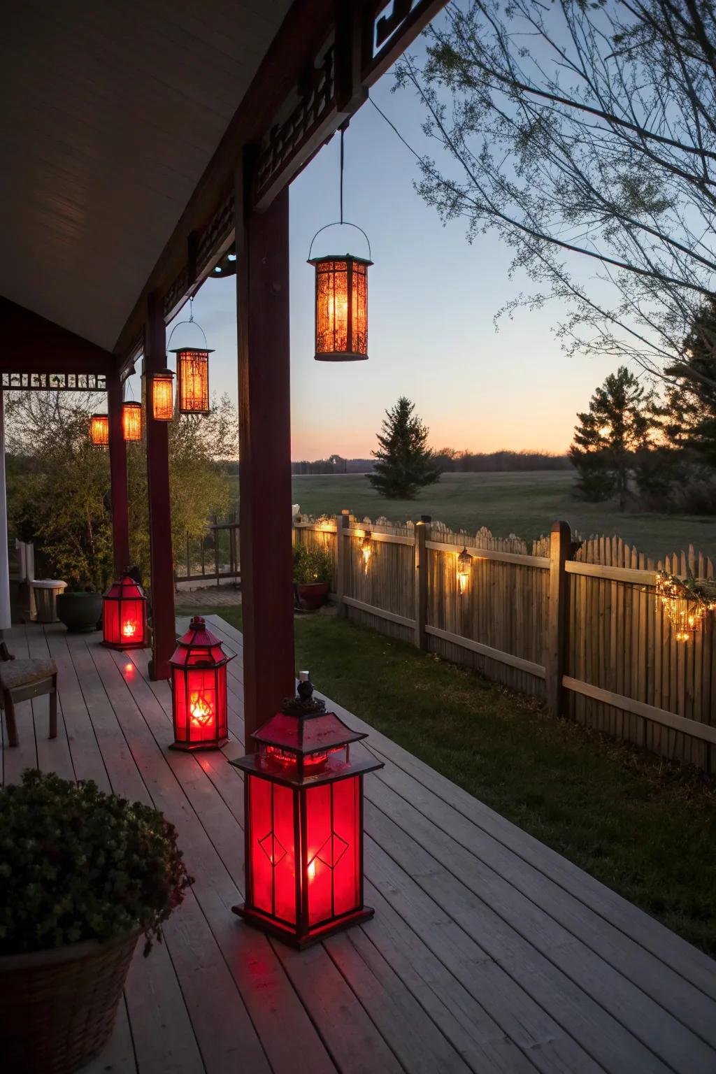 Rustic red lanterns creating a warm outdoor ambiance.