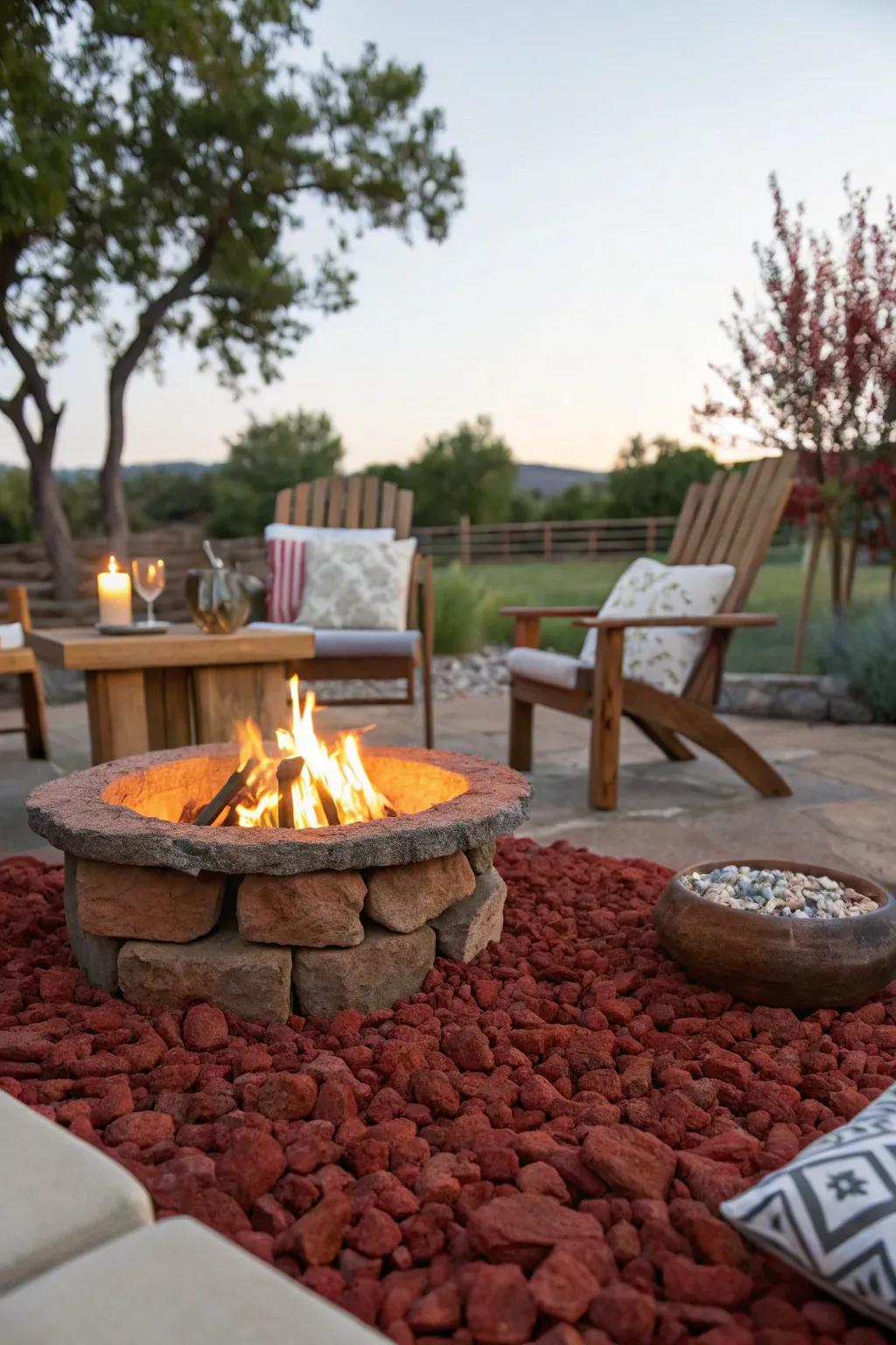 Scarlet volcanic stones ensure protection and flair in this inviting flame pit arrangement.
