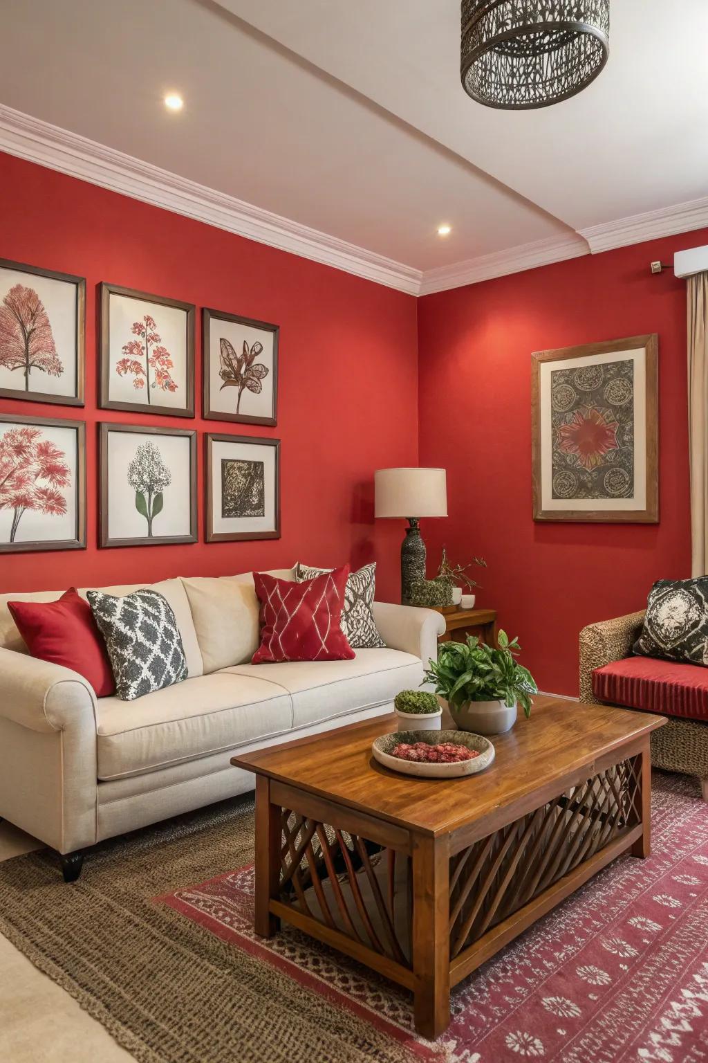 A red accent wall creates a striking impression in this stylish space.