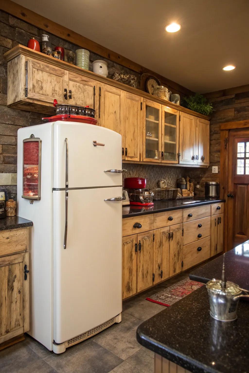 Vintage-inspired components encircling the refrigerator engender a nostalgic, inviting culinary ambiance.