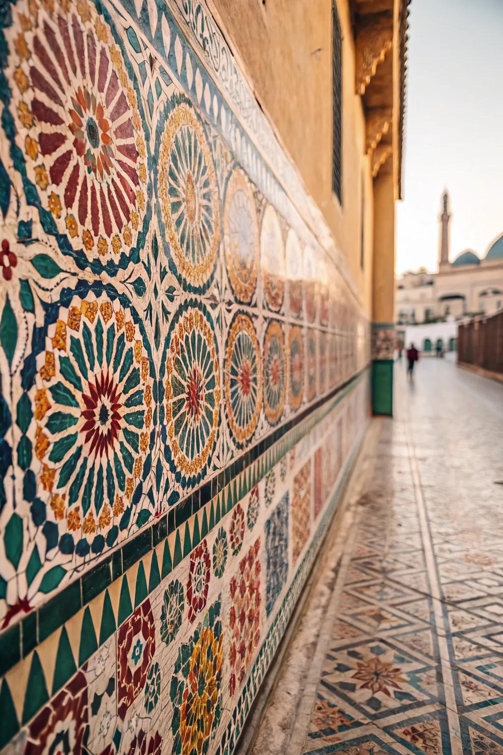 Cultural motifs in relief tiles infuse a global-inspired allure.