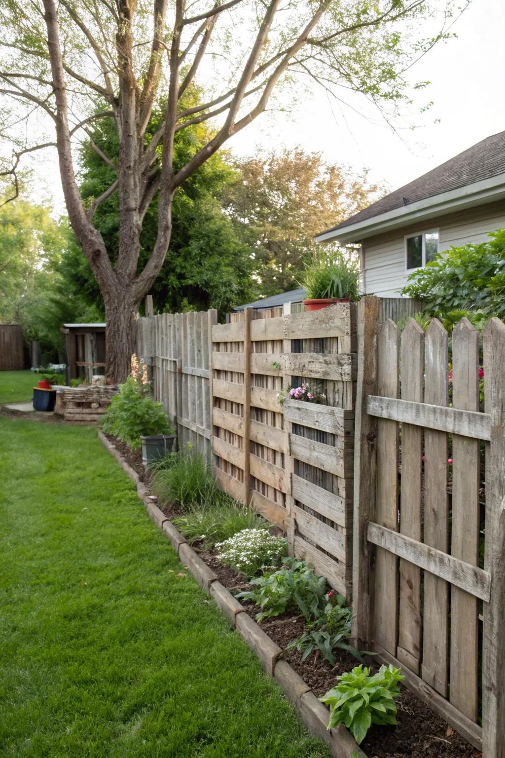 Reused skid fences provide sustainability with a rustic charm.