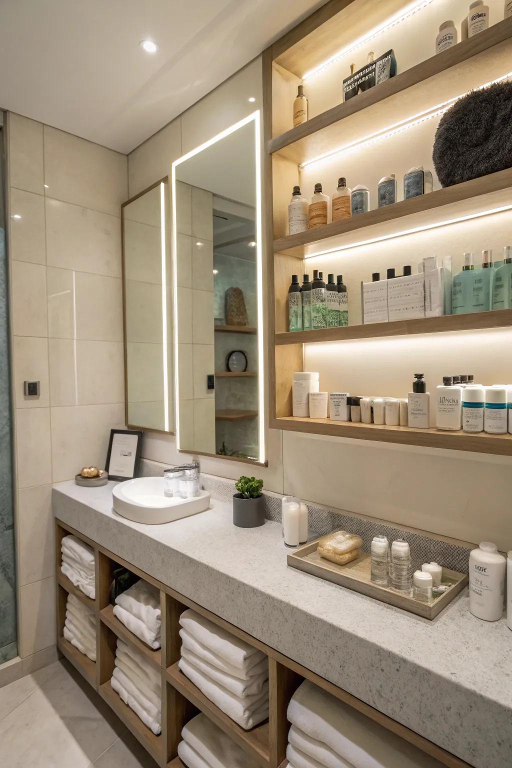 Integrated storage keeps this restroom organized and stylish.