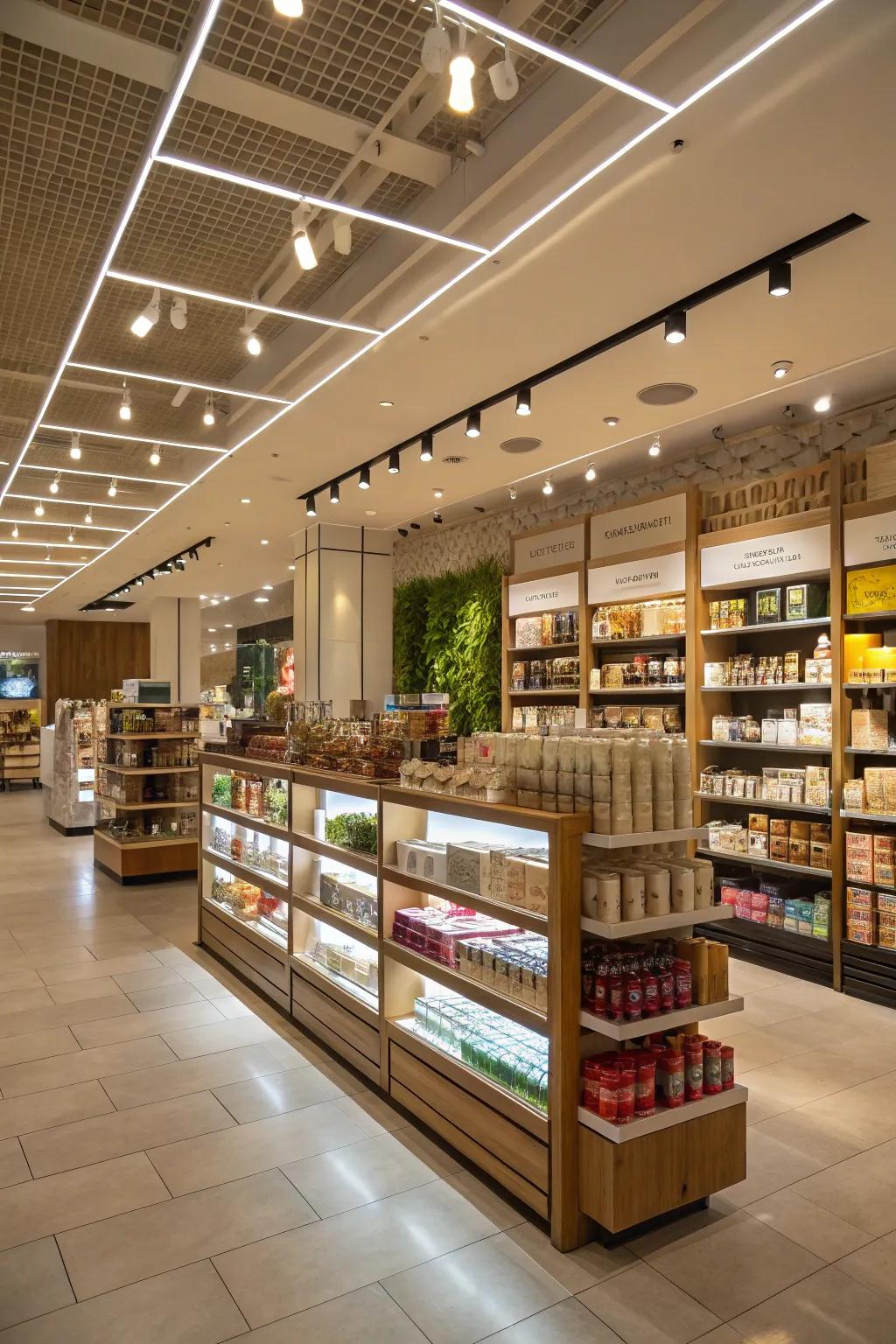 Layered illumination building dimension and attracting attention throughout the store.