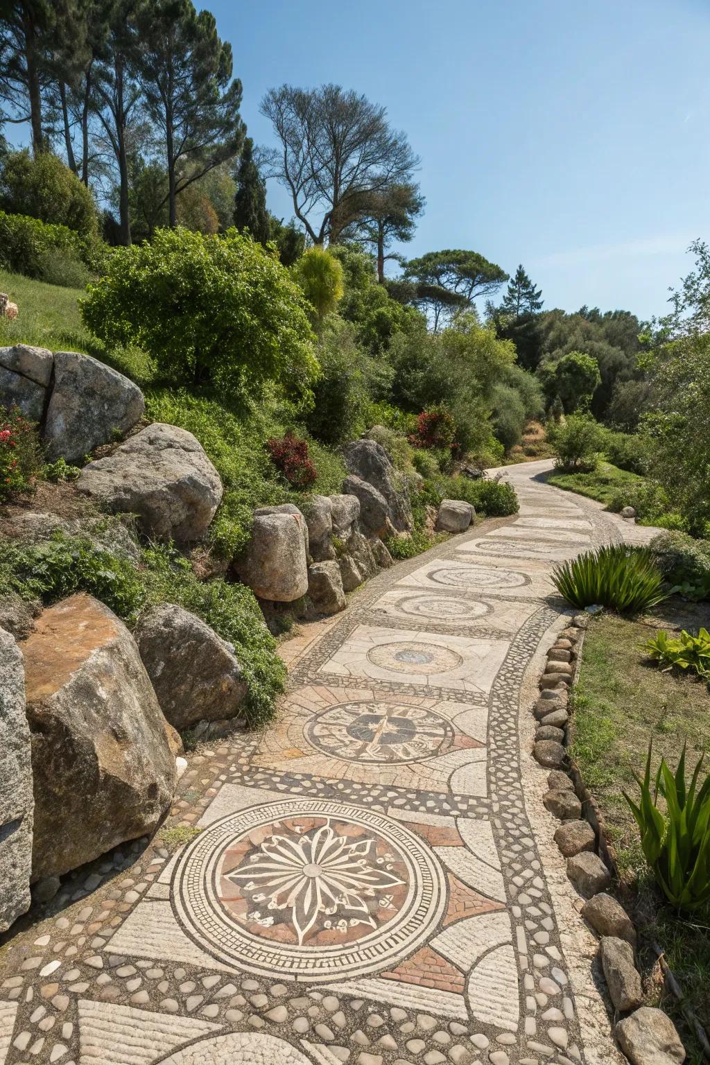 Mosaic pathways speak of creativity and charm.