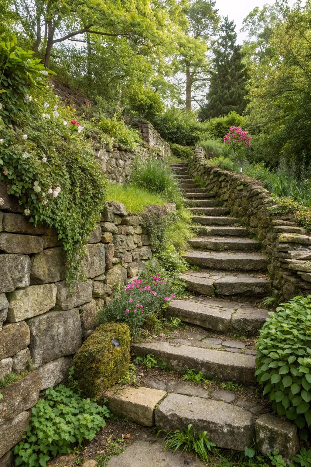 Rock steps add style and practicality to garden walls.