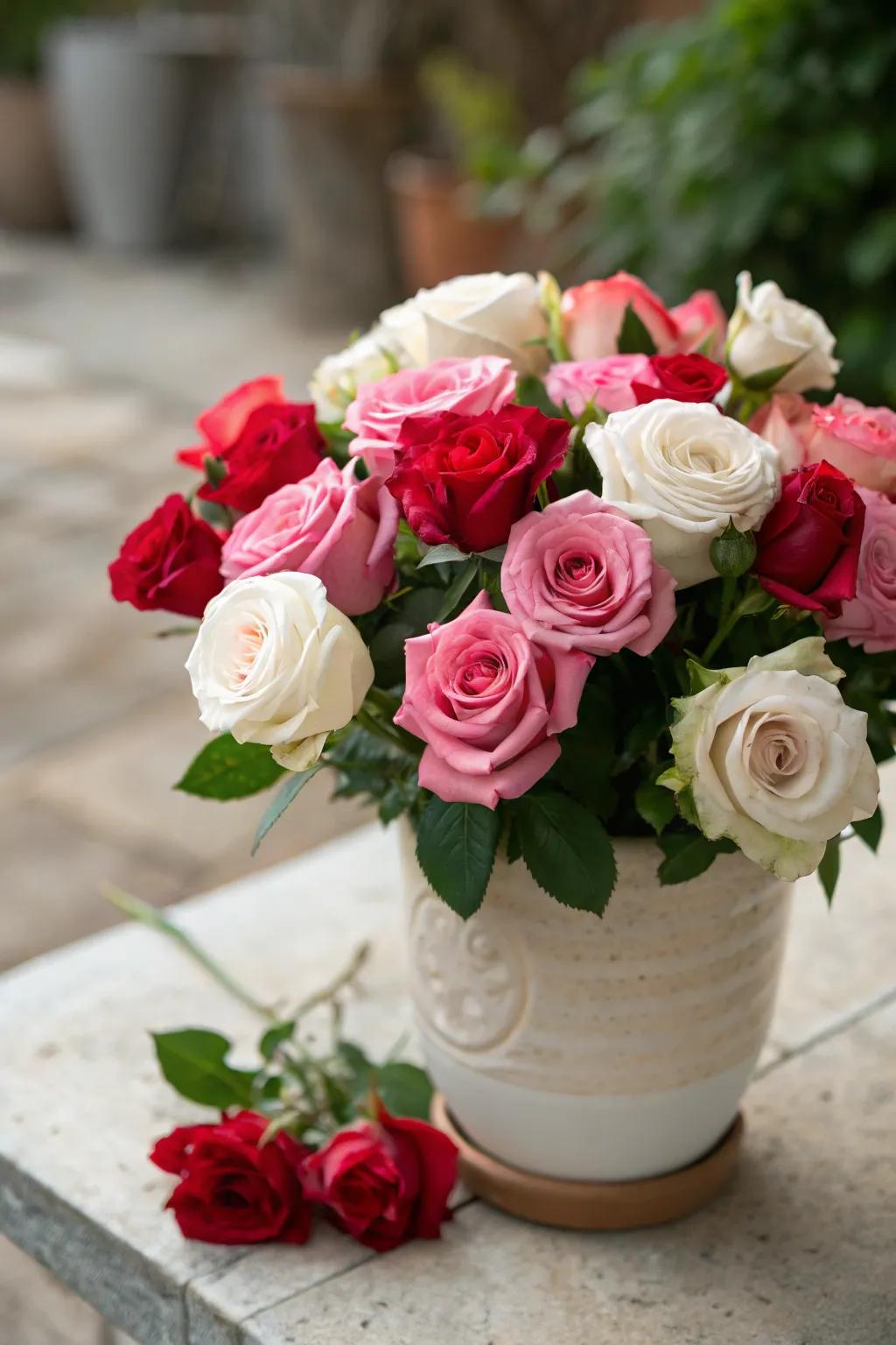 Garden-fresh charm with assorted roses.
