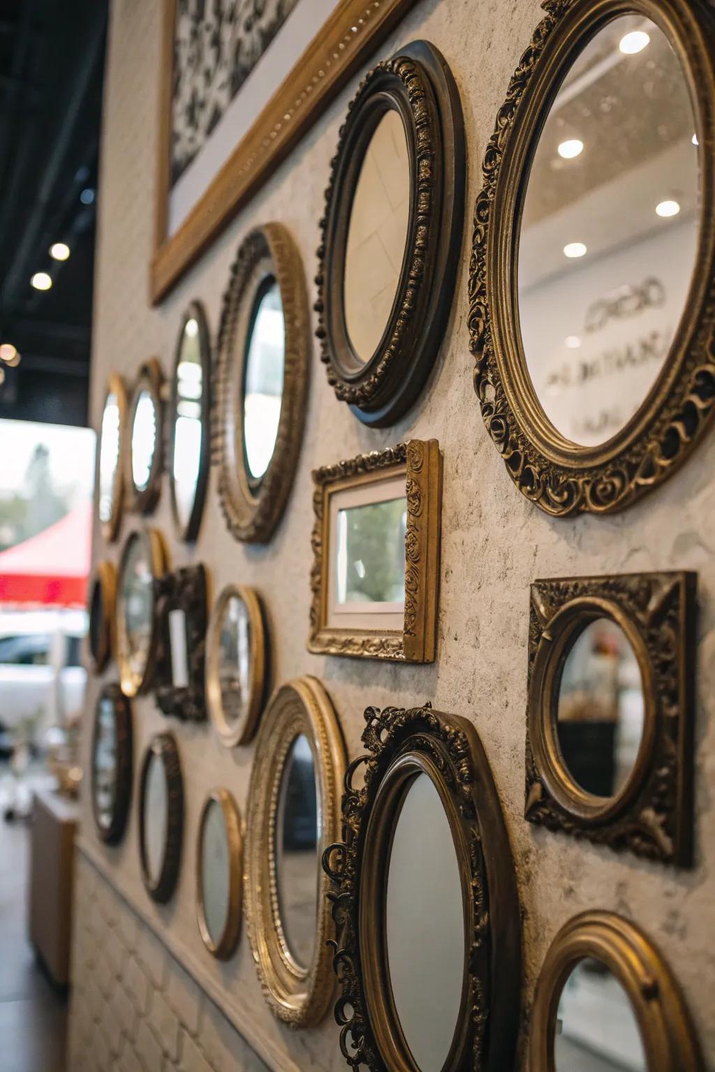 Wall that features vintage round mirrors displaying decorative frames.
