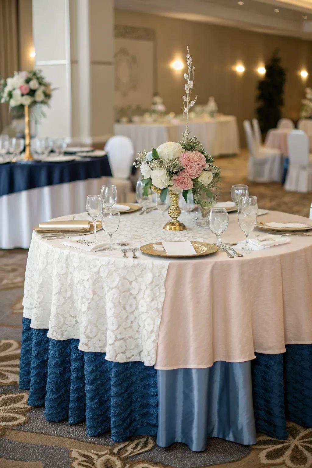 Layered table coverings crafting dimension and intrigue.