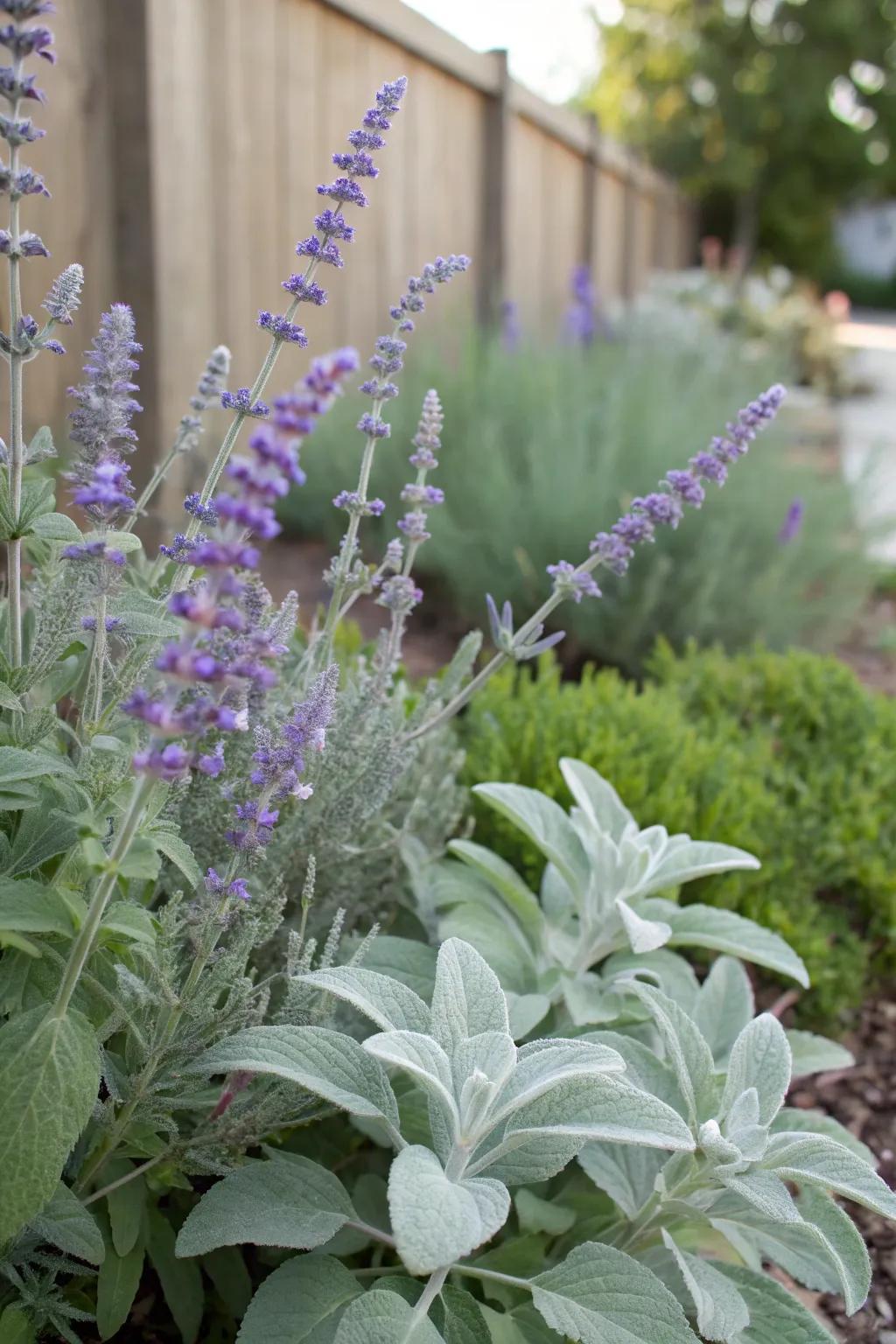 A texture-rich garden featuring azure blooms and rabbit's ear.