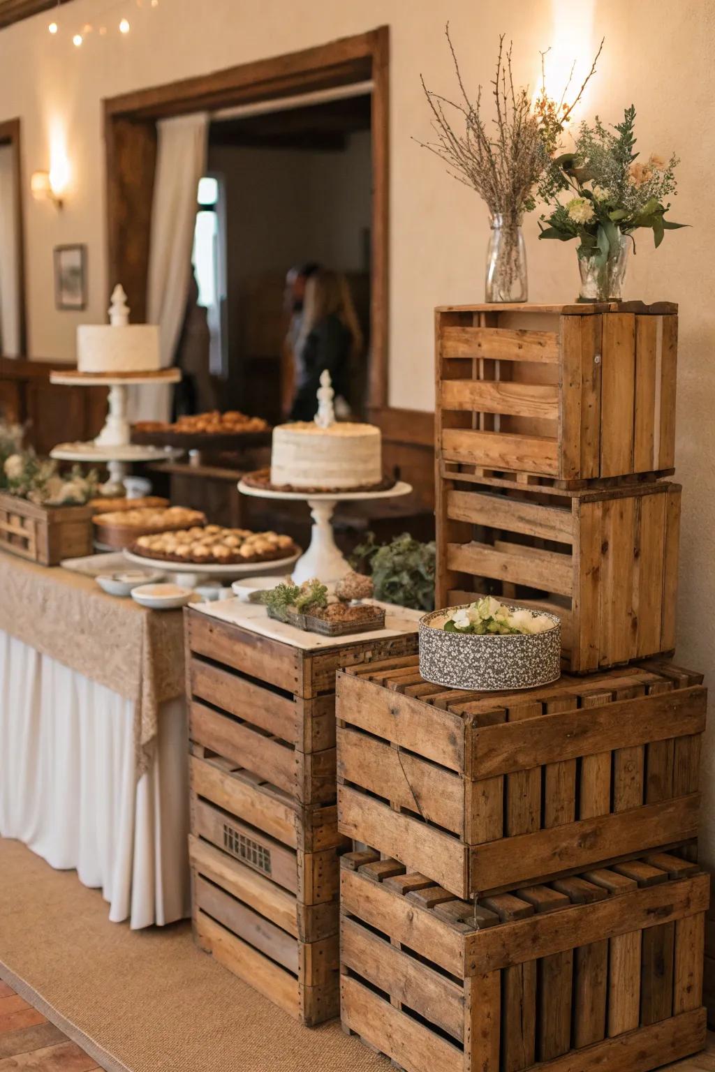 Wood boxes add structure and height to the country-style buffet arrangement.