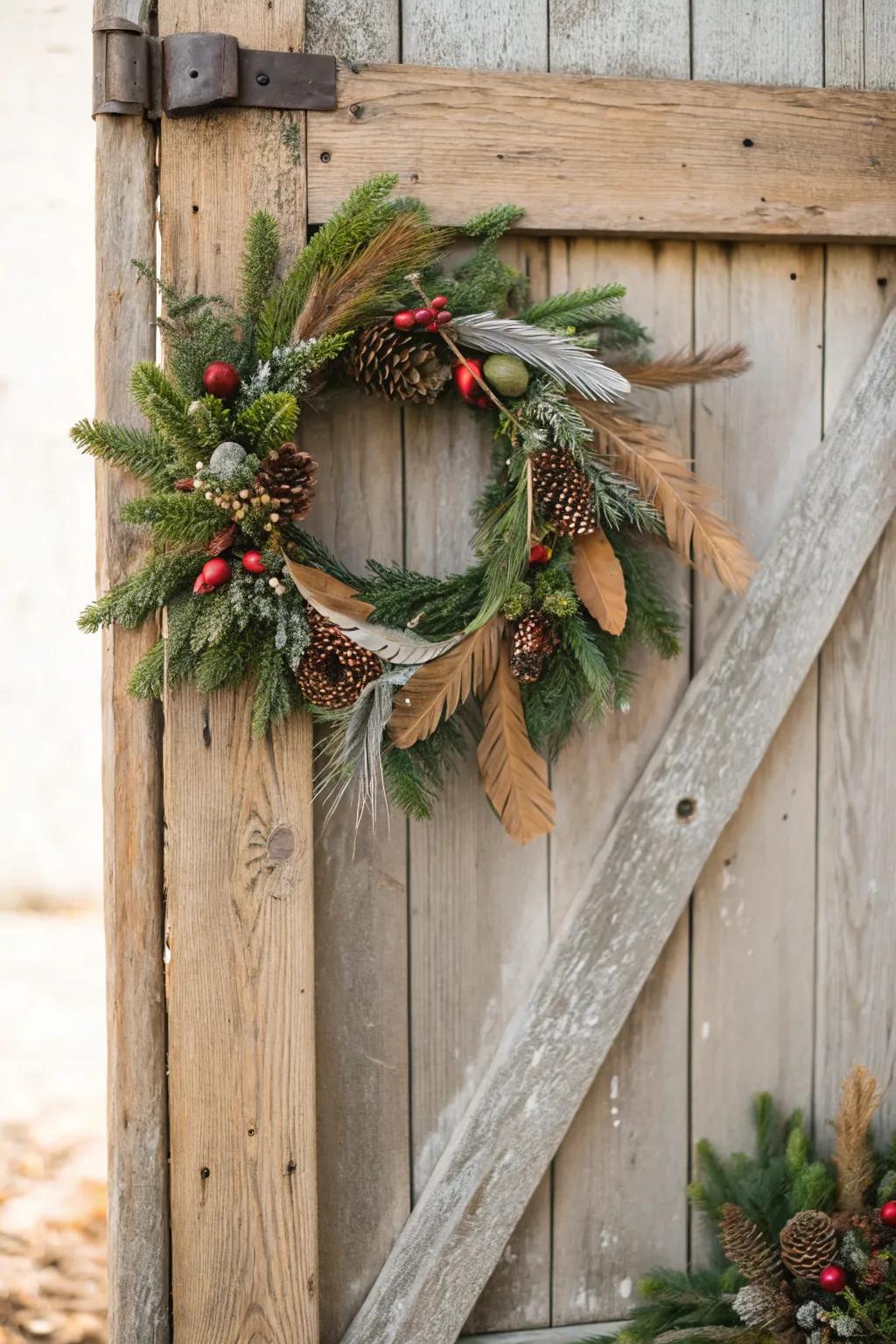 Feathers add soft texture to this elegant wreath.