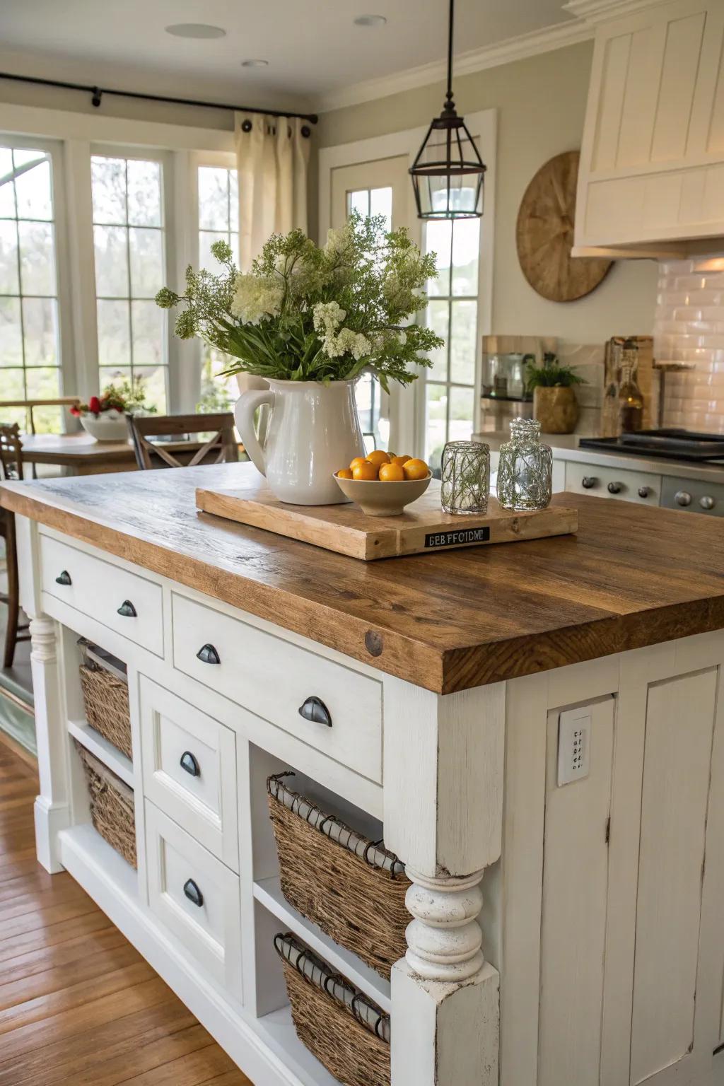 A countryside kitchen island with a sturdy butcher block worktop.