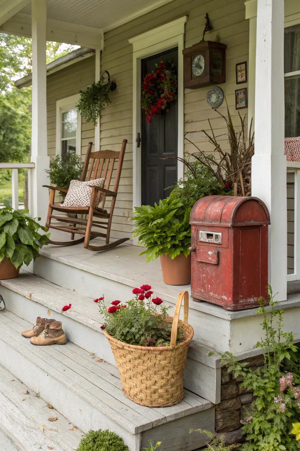 A vintage mail receptacle adds character and charm to this porch.