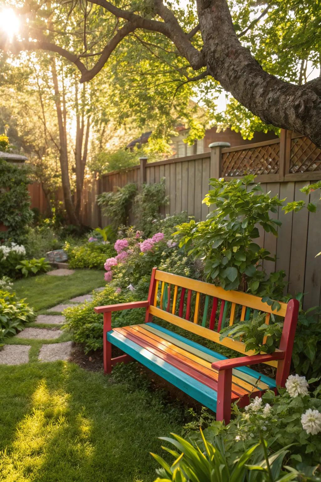 A lively garden seat made from colored pallets.