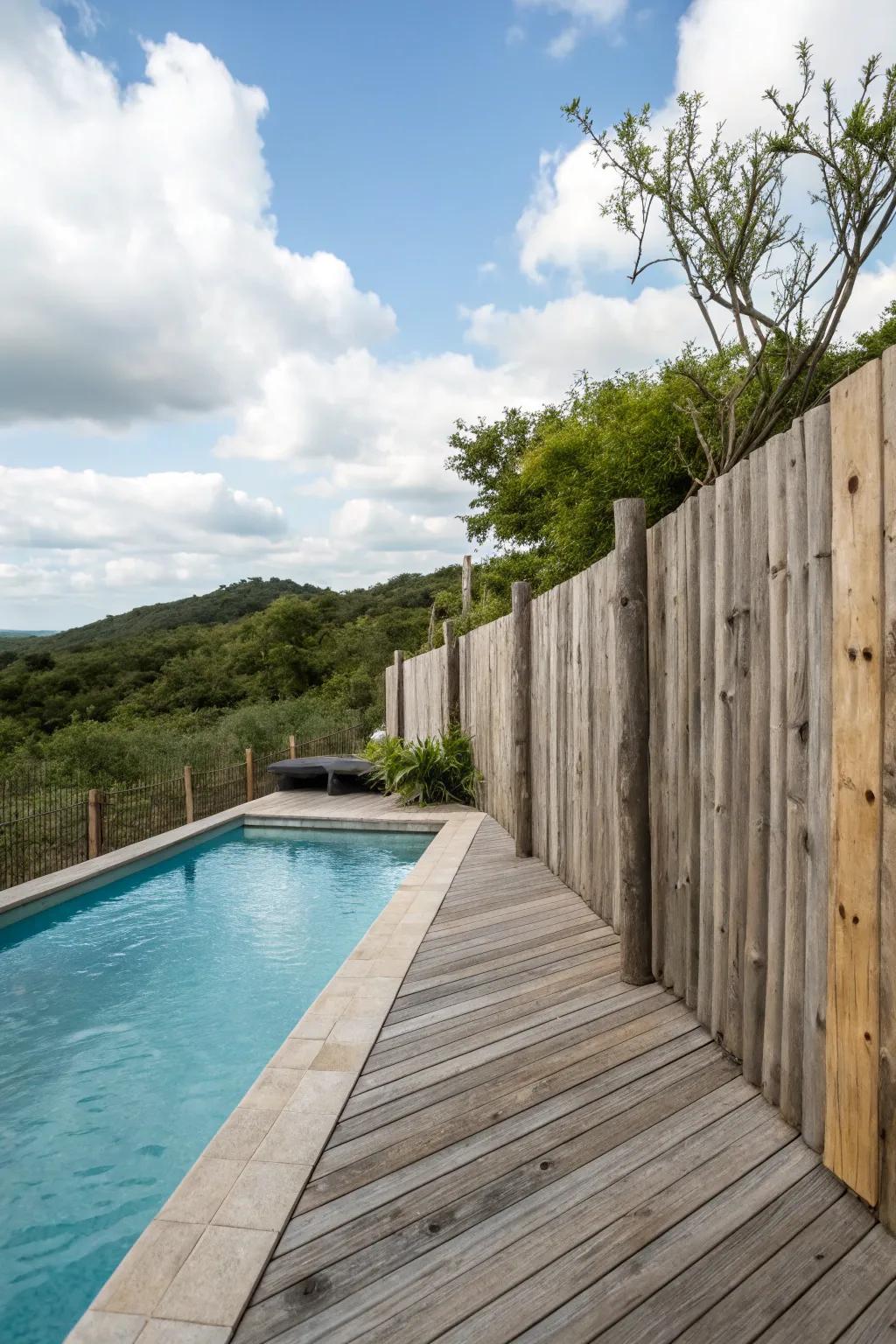Repurposed timber segments bringing vintage charm to the poolside.