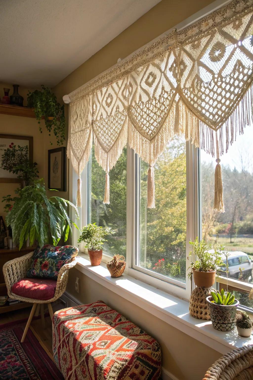 A sunlit bohemian sunroom featuring a macramé valance that contributes intricate texture.