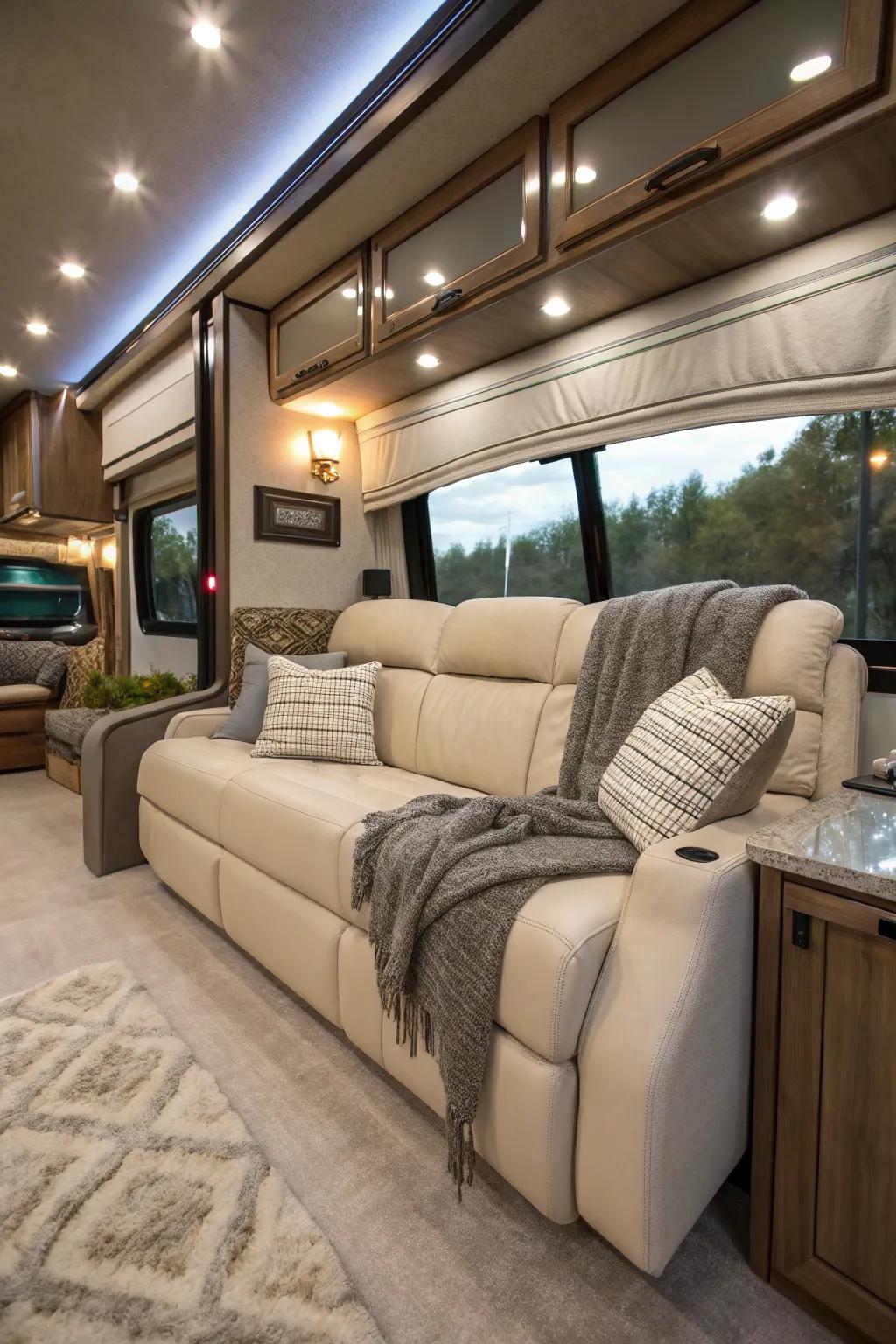 Reclining sofas offer ultimate relaxation in your RV.