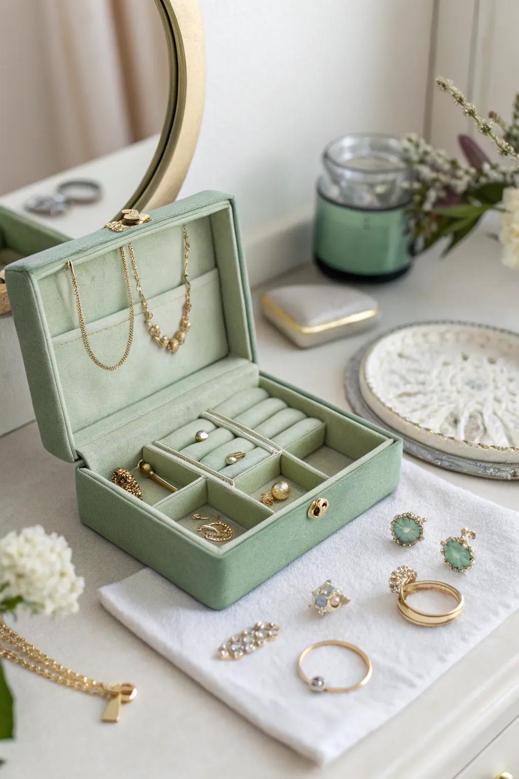 A sage green accessory box keeps all treasures secure and fashionable.