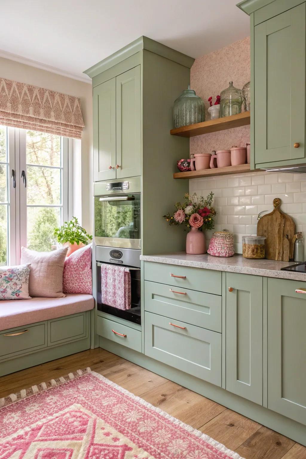 Green tea paired with rose for a revitalizing, inviting kitchen.