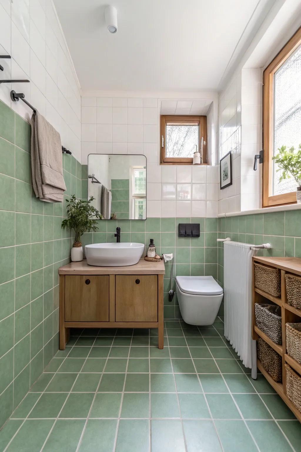 A bath with willow tint floor stone tiles that make a strong design statement.