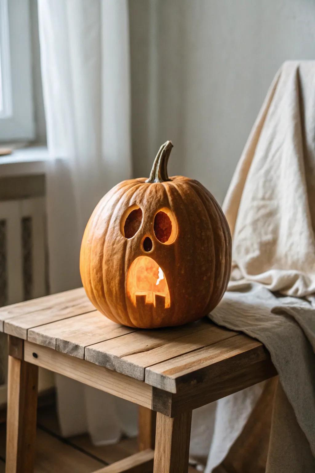 Ethereal Radiance: A minimalist ghostly pumpkin carving that's both eerie and enchanting.