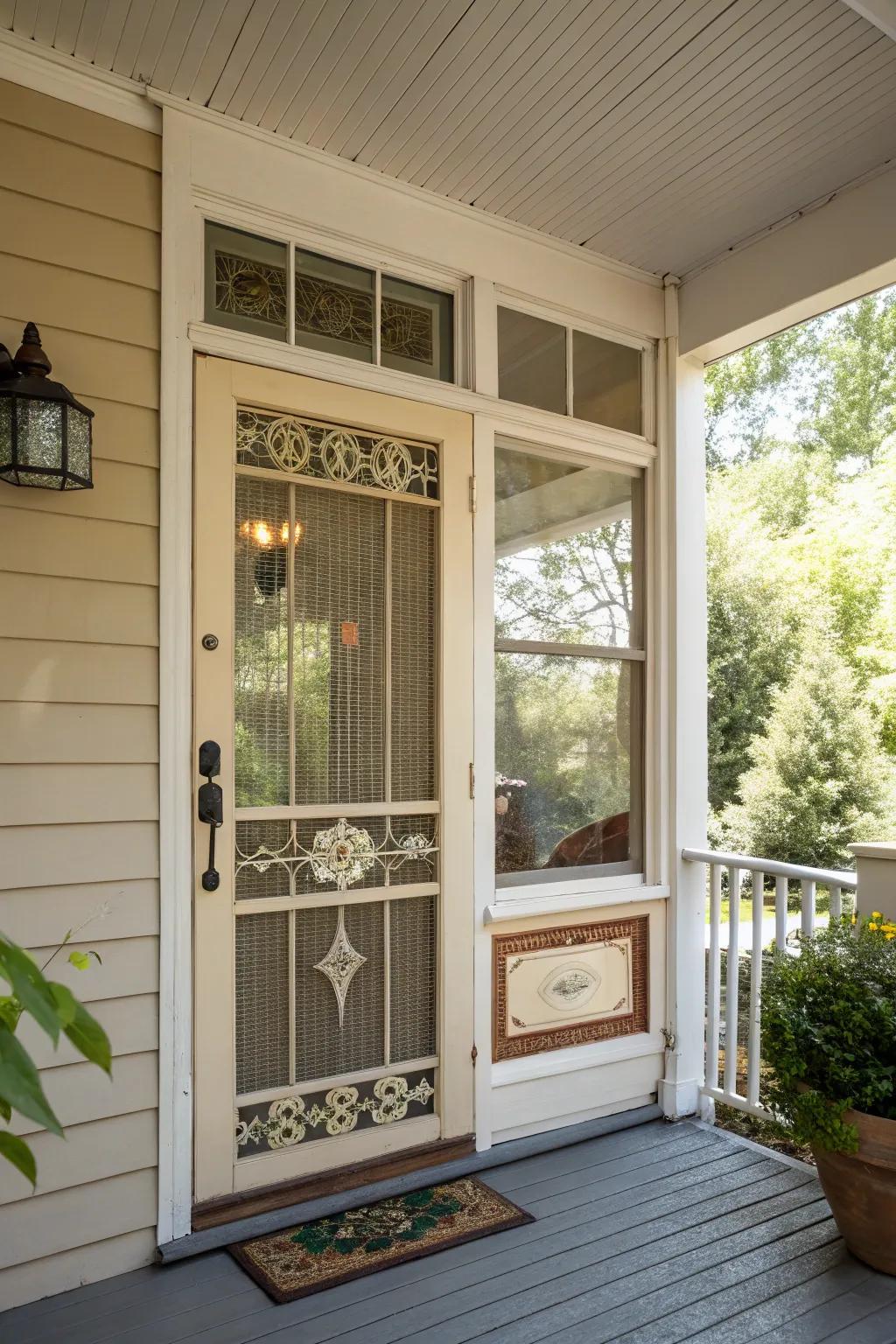 A mid-century modern screen door adds retro flair to this vintage home.