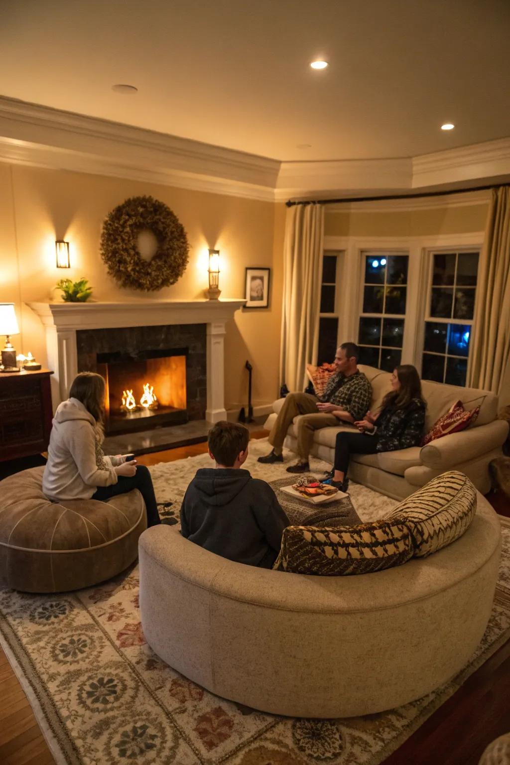 A circular seating design promotes closeness and warmth near the fireplace.