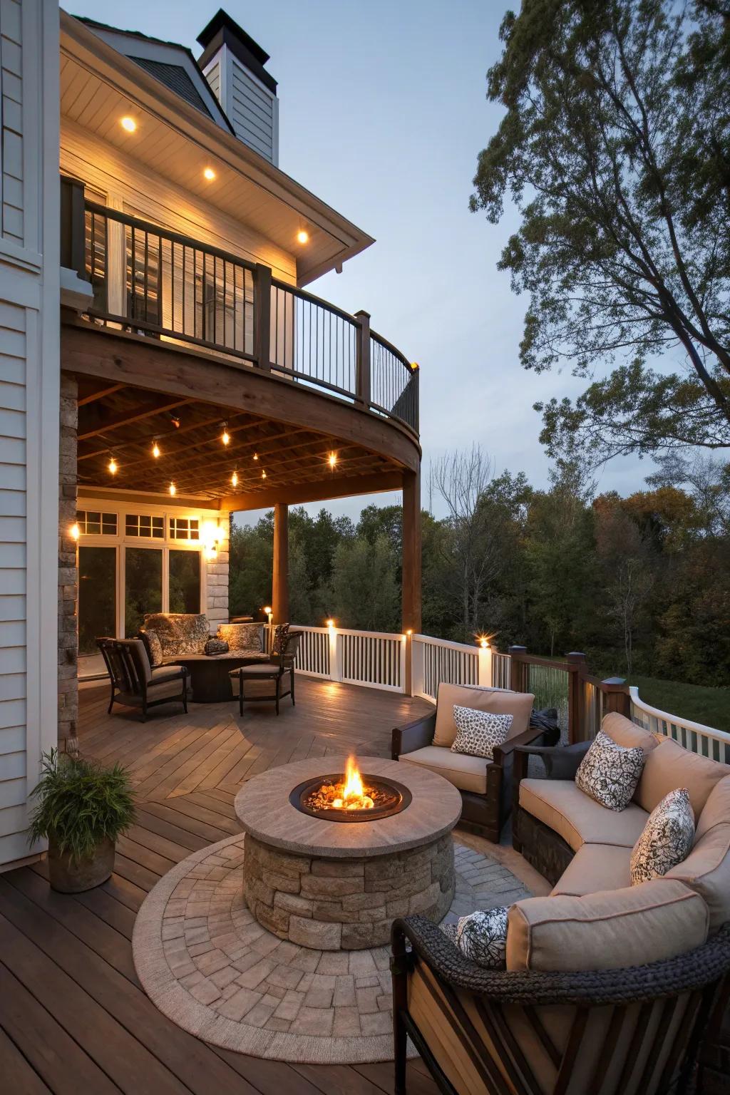 A welcoming deck with a fire pit, creating an inviting and warm ambiance.