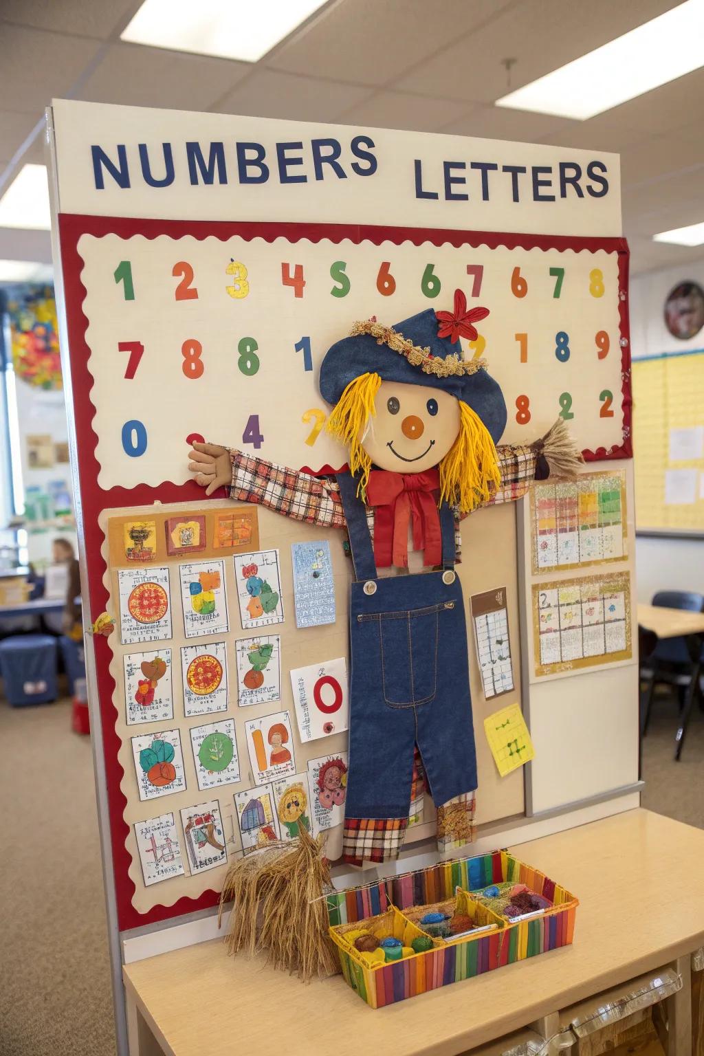 A scarecrow-themed display board integrating educational elements.