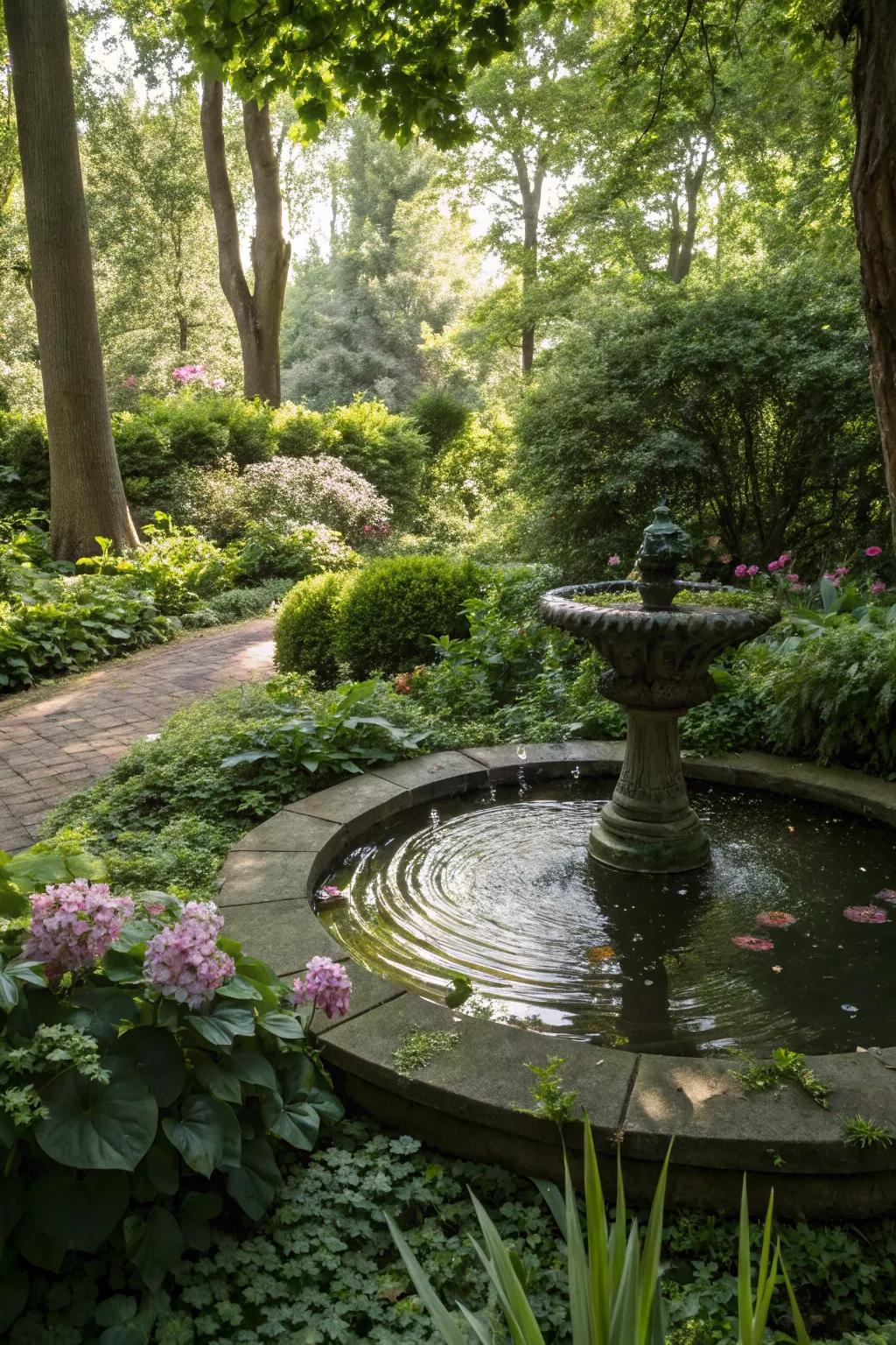A water element conveying tranquility to a shade garden.