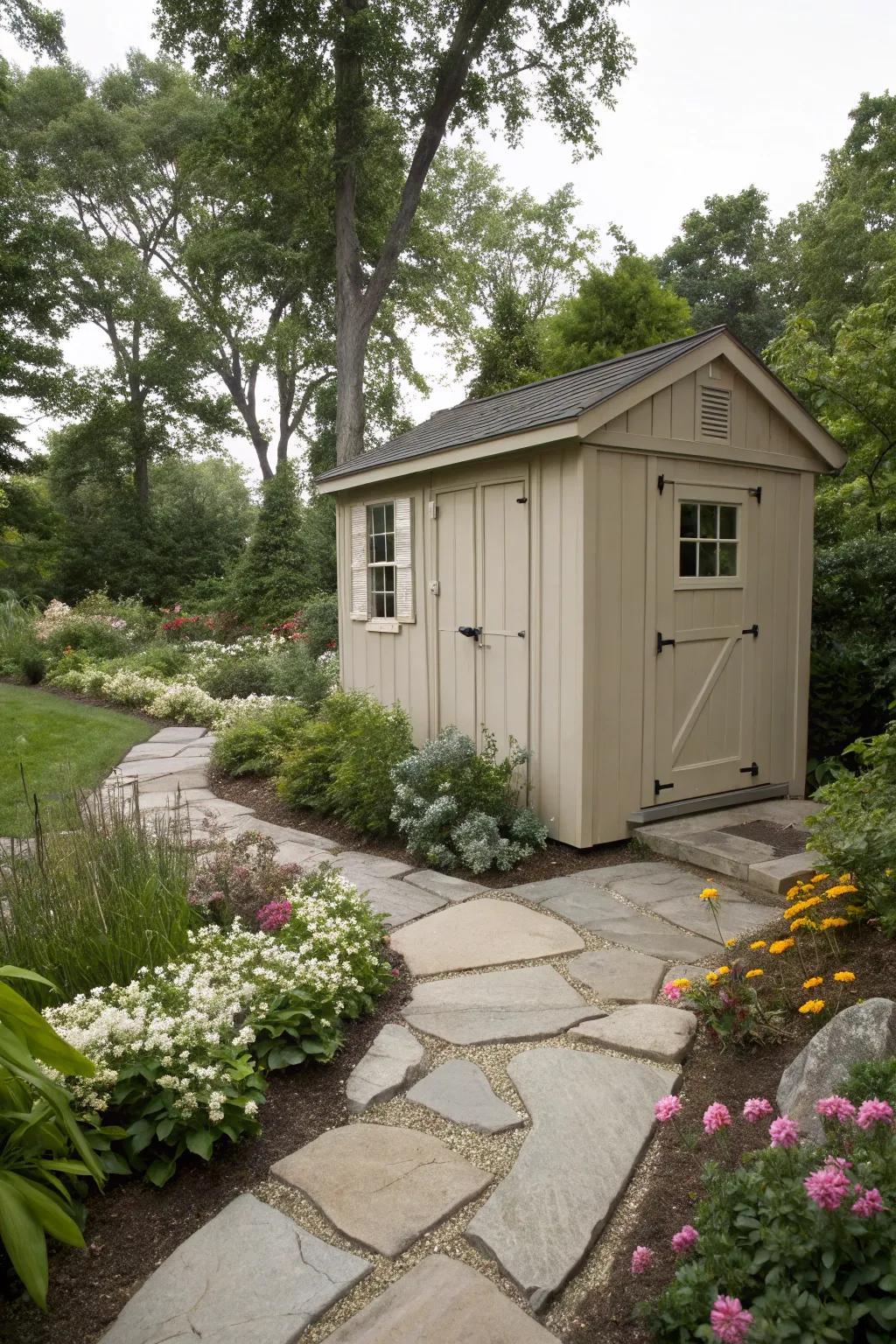 Subtle sandstone sheds offer understated harmony in diverse garden settings.