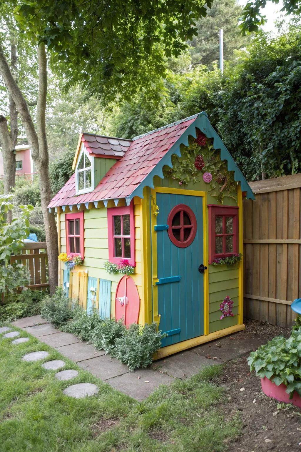 A garden shed designed as a playful fun zone for children.