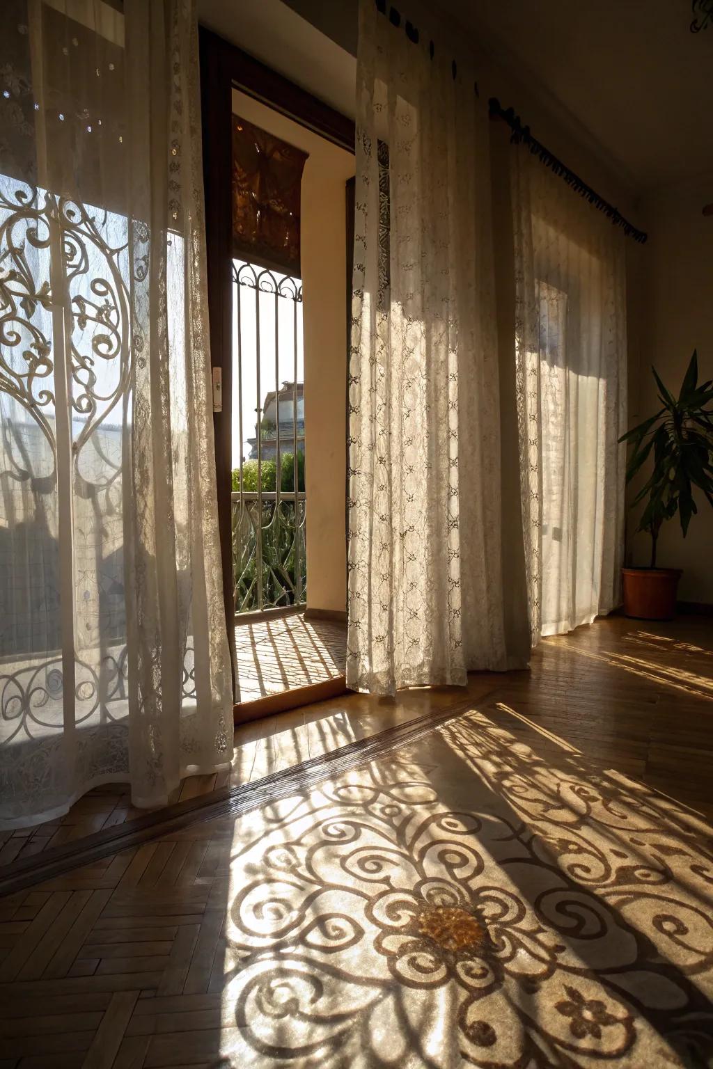 Patterned gossamer panels introduce visual engrossment and artistic playfulness to any space.