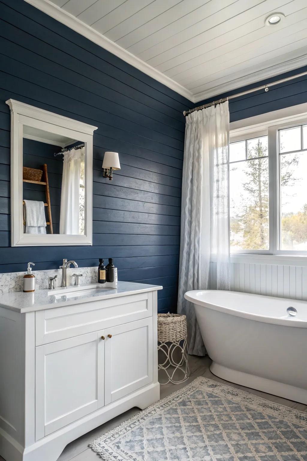 A bathroom featuring deep azure plank cladding for a daring statement.