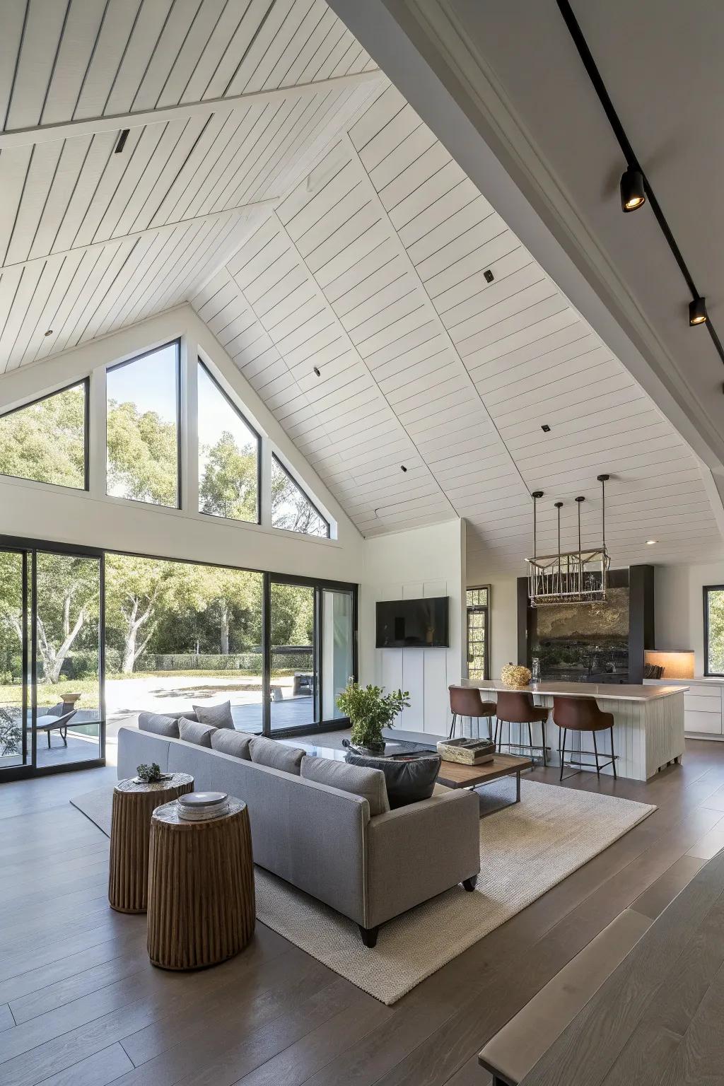 A standout diagonal shiplap ceiling introducing modern flair.