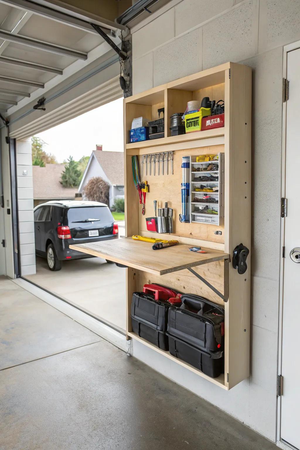 A collapsible worksurface mounted on a garage wall.