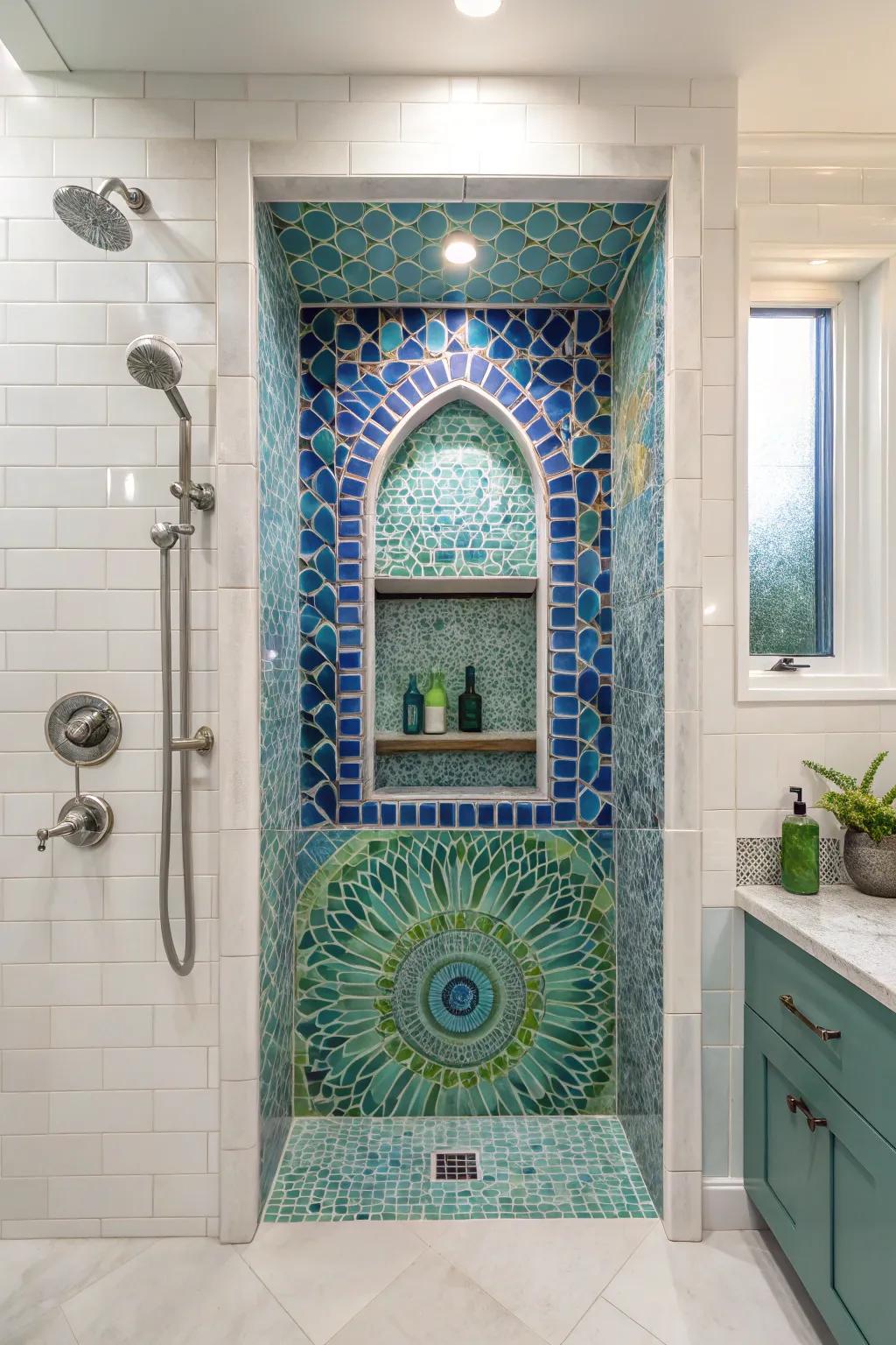 Inventive mosaic designs in a shower niche